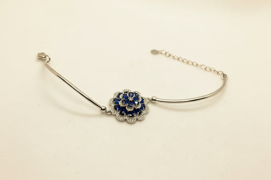 Adjustable Crystal Blue Flower Silver Bracelet