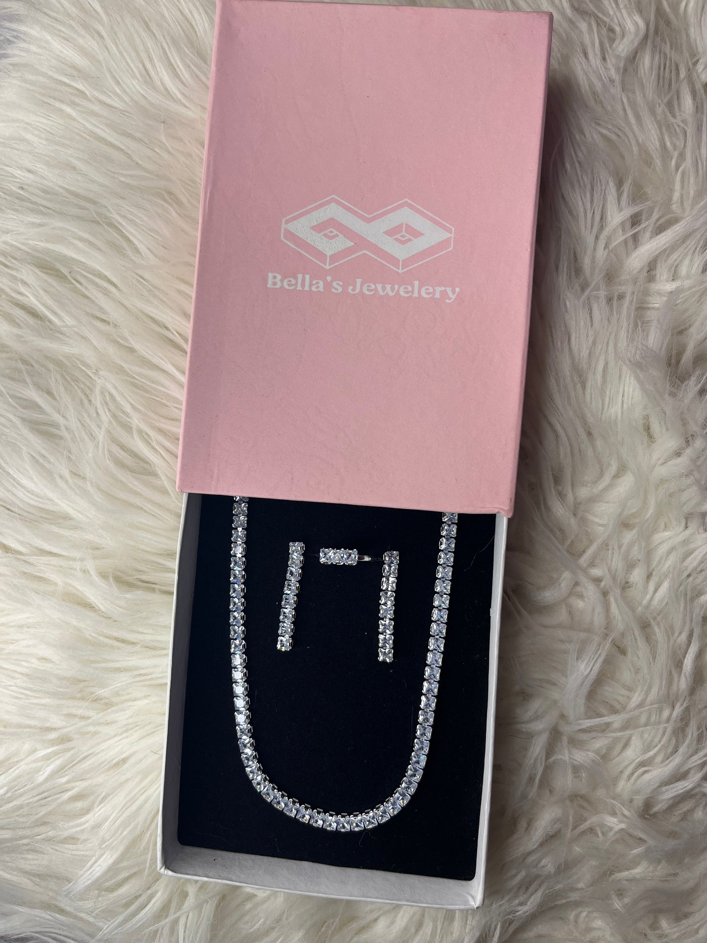 Elegant Silver Tennis Necklace With Matching Drop Earrings &Rings