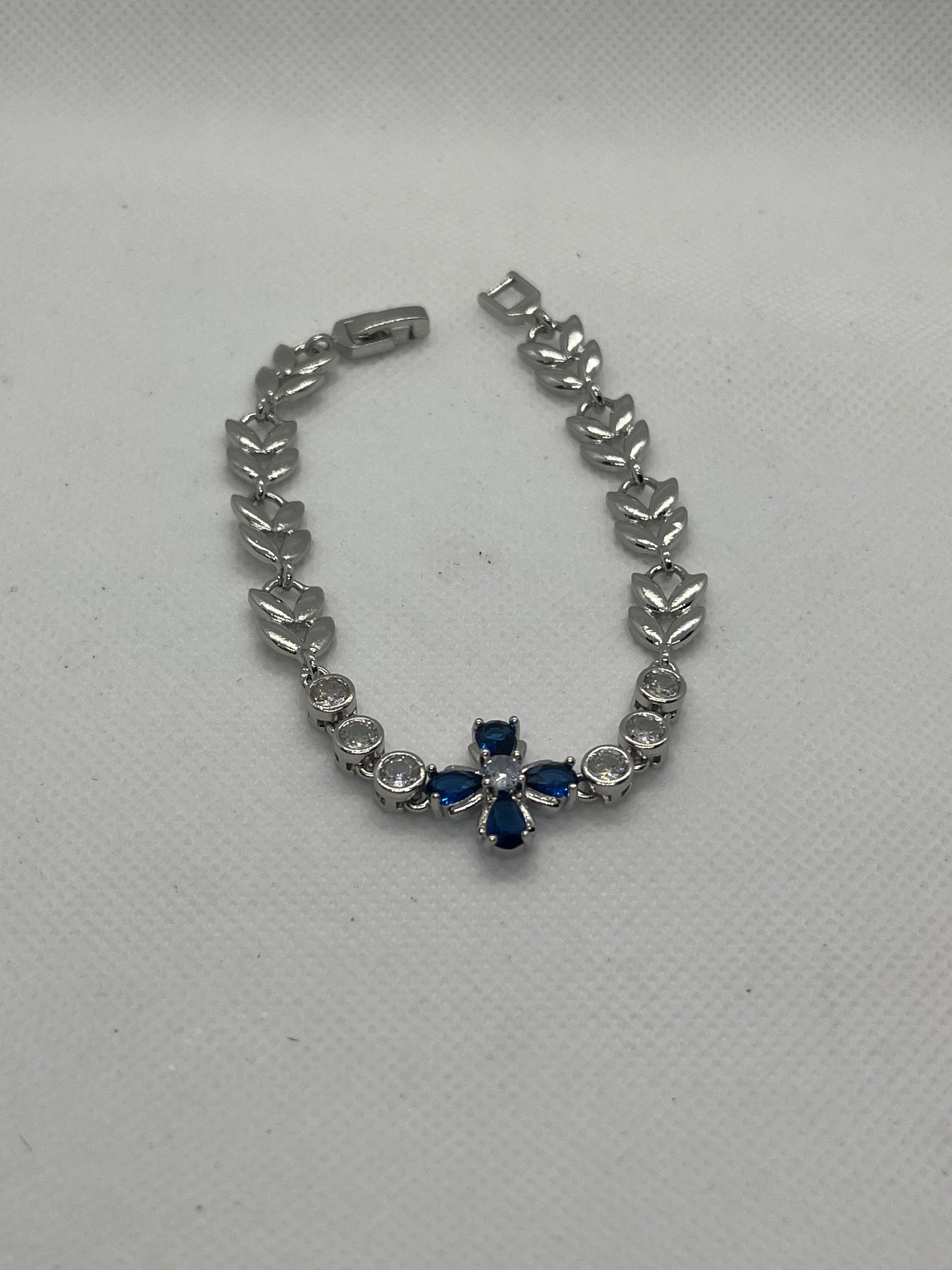Sterling Silver Cubic Zirconia Flower &Blue Stone Bracelet