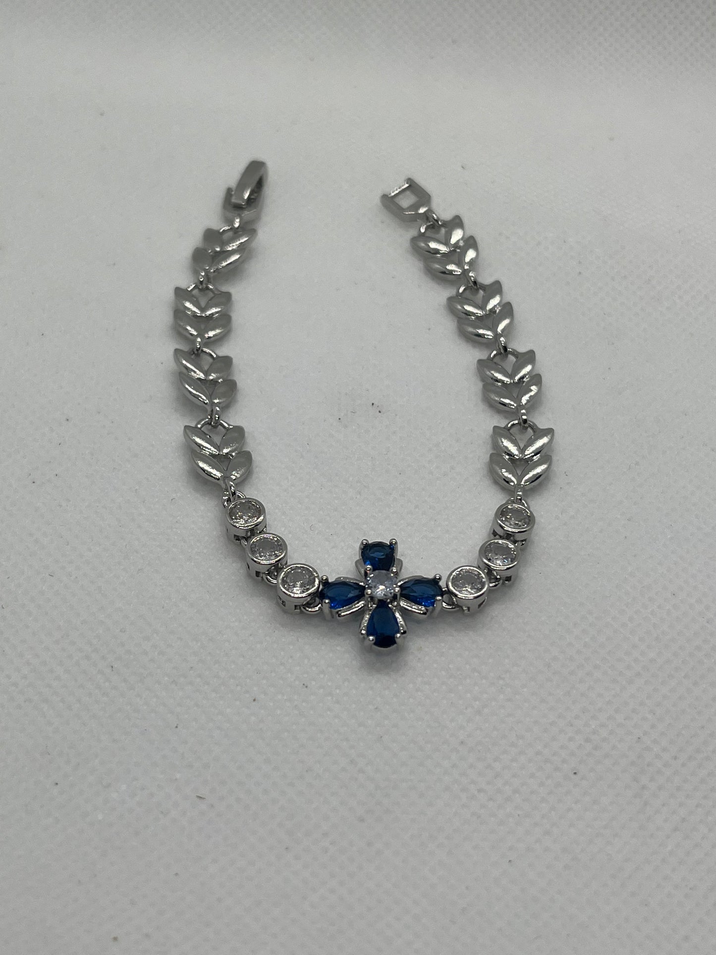 Sterling Silver Cubic Zirconia Flower &Blue Stone Bracelet