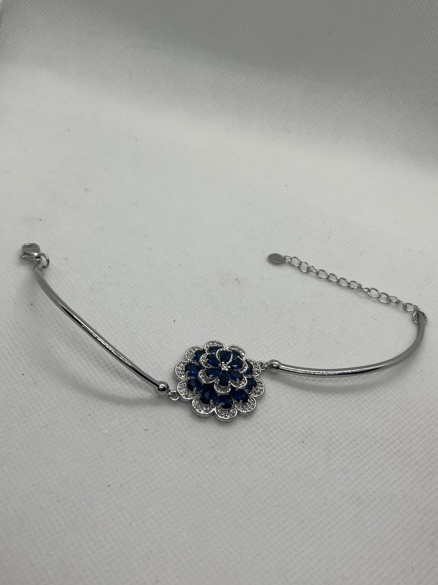 Adjustable Crystal Blue Flower Silver Bracelet