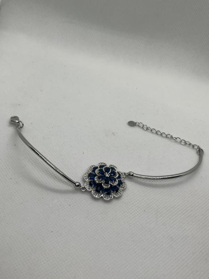 Adjustable Crystal Blue Flower Silver Bracelet