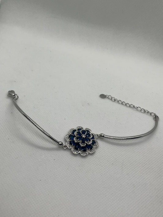 Adjustable Crystal Blue Flower Silver Bracelet