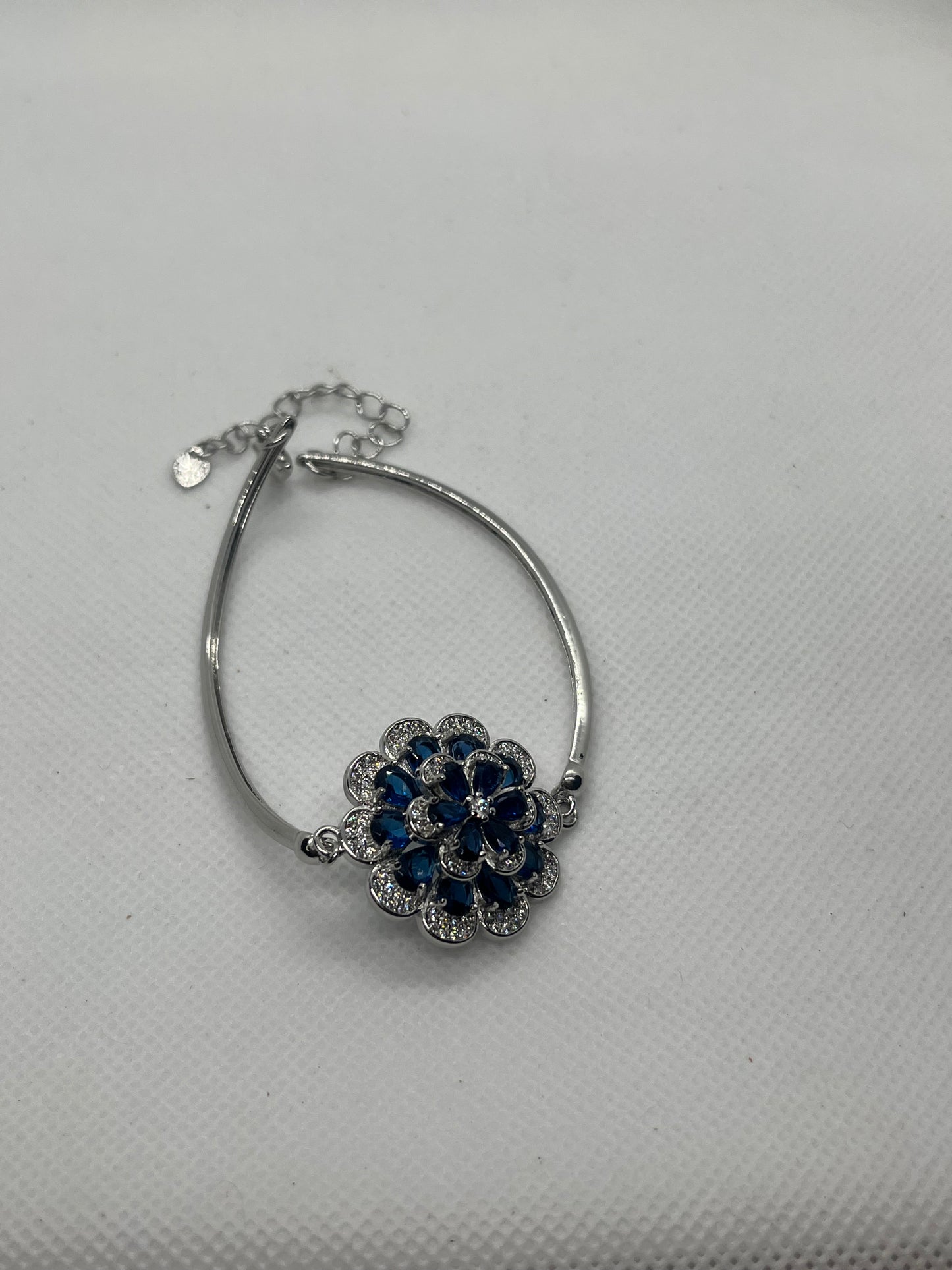 Adjustable Crystal Blue Flower Silver Bracelet