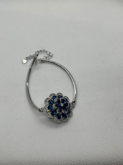 Adjustable Crystal Blue Flower Silver Bracelet