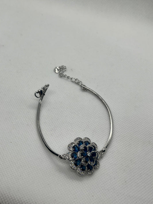 Adjustable Crystal Blue Flower Silver Bracelet