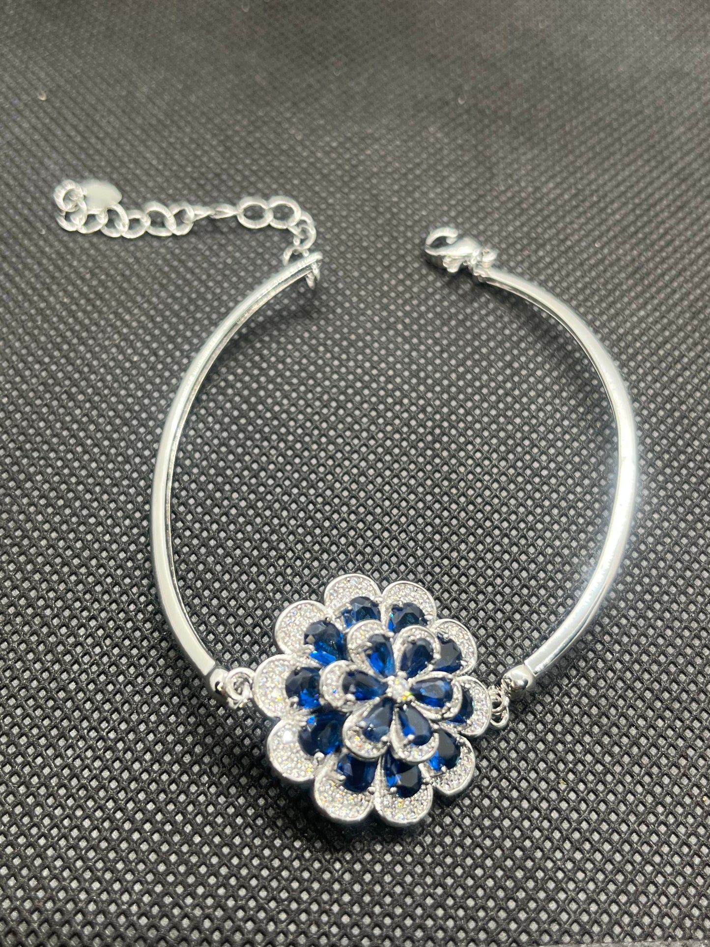 Adjustable Crystal Blue Flower Silver Bracelet