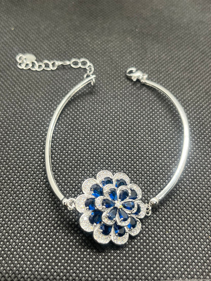 Adjustable Crystal Blue Flower Silver Bracelet