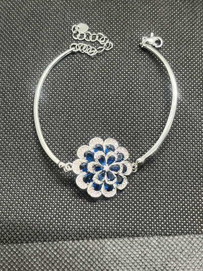 Adjustable Crystal Blue Flower Silver Bracelet