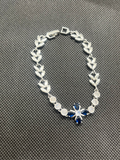 Sterling Silver Cubic Zirconia Flower &Blue Stone Bracelet