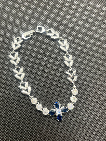 Sterling Silver Cubic Zirconia Flower &Blue Stone Bracelet