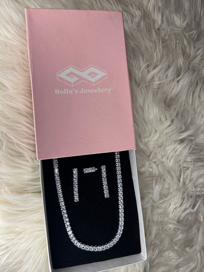 Elegant Silver Tennis Necklace With Matching Drop Earrings &Rings