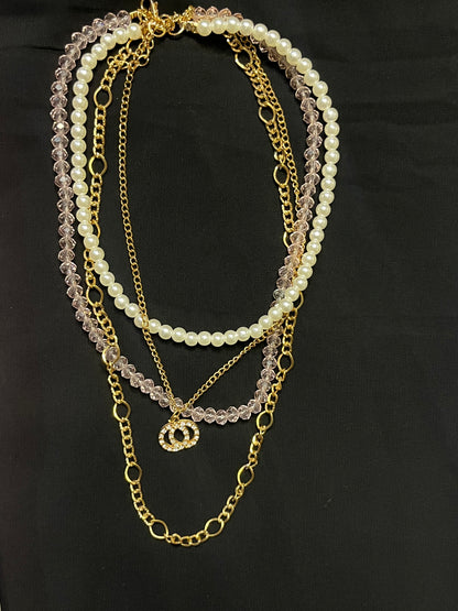 Layered Necklace With Pearl Beads Gold Chain