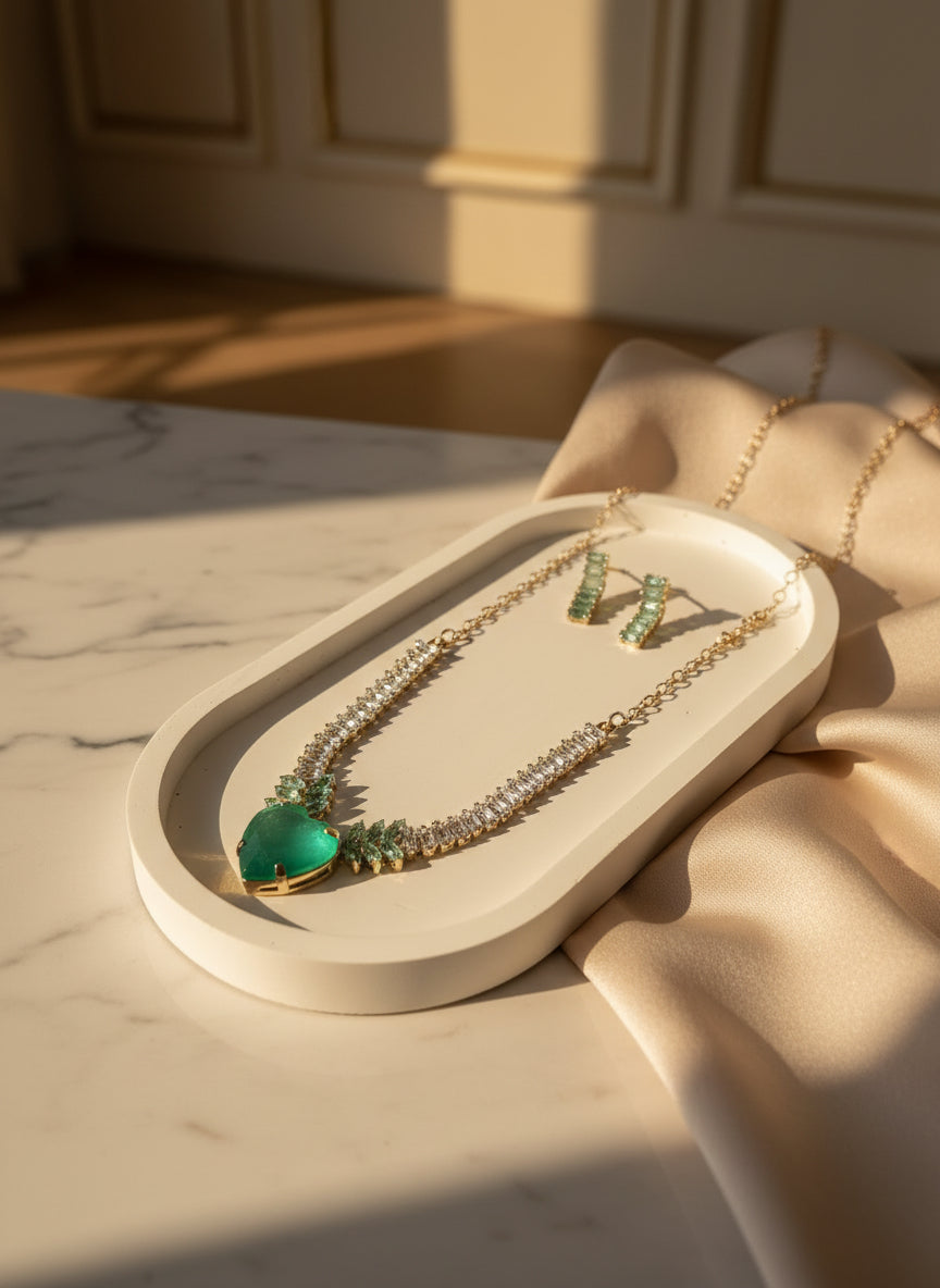 Green Heart Pendant Necklace Set